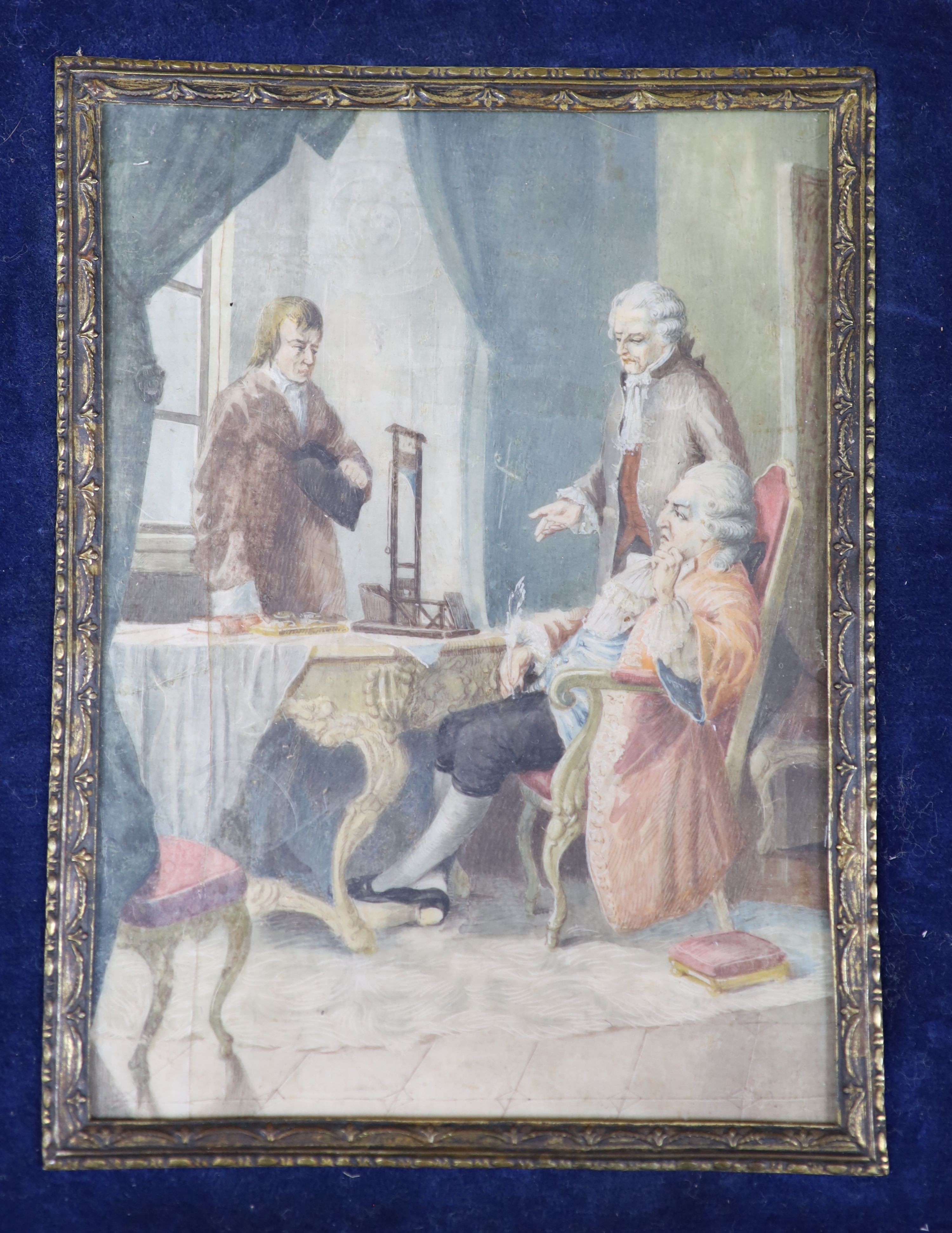 A group of three portrait miniatures, Louis XVI, Marie Antoinette & Monsieur Gillotine, largest 13.5 x 9.5cm.